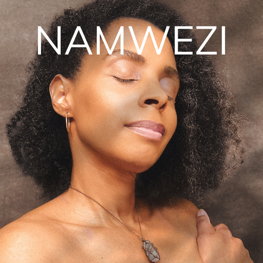 Book cover of 'Namwezi' with a person with closed eyes and a brown background