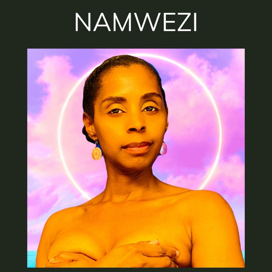 Woman with a purple and pink background, surrounded by a circular light, with text 'NAMWEZI' and 'She is the gift, the blessing, and the anointing.'.